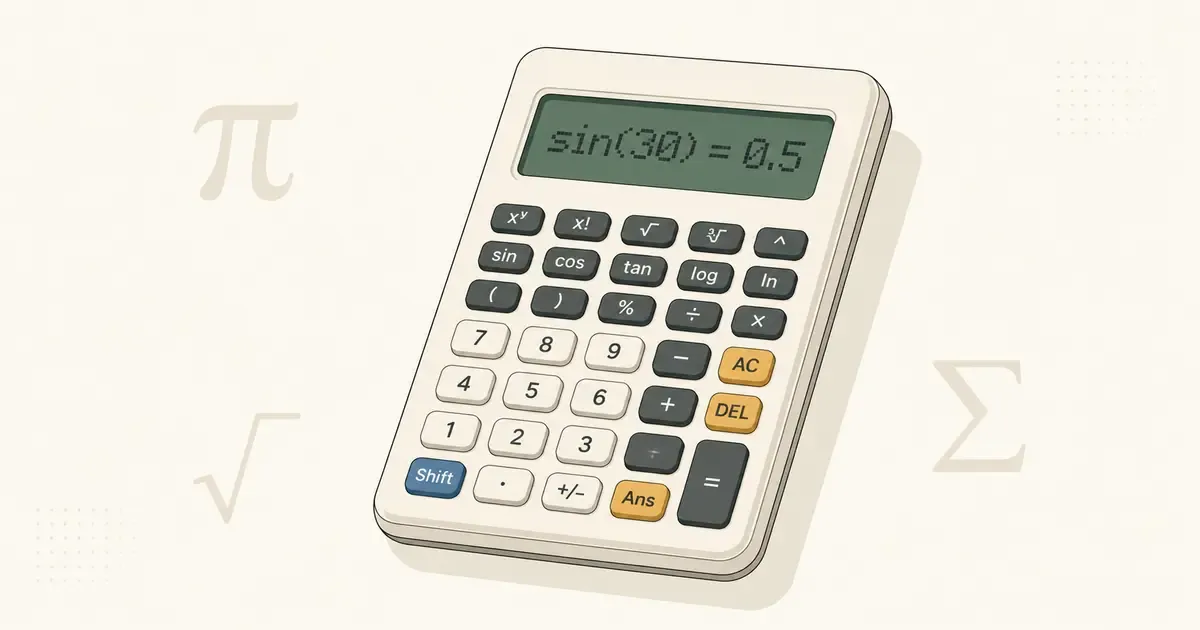 A scientific calculator with a pine-green display showing sin(30) = 0.5, with keys for trig, logarithm, and exponent functions, framed by faint pi, square-root, and sigma symbols.